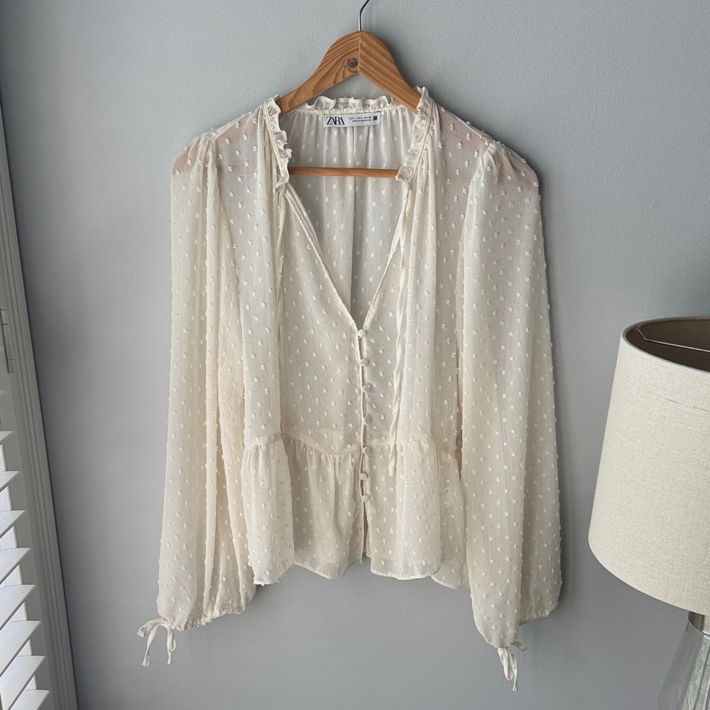 Zara Swiss Dot Sheer Button Down Blouse - Picture 4 of 11